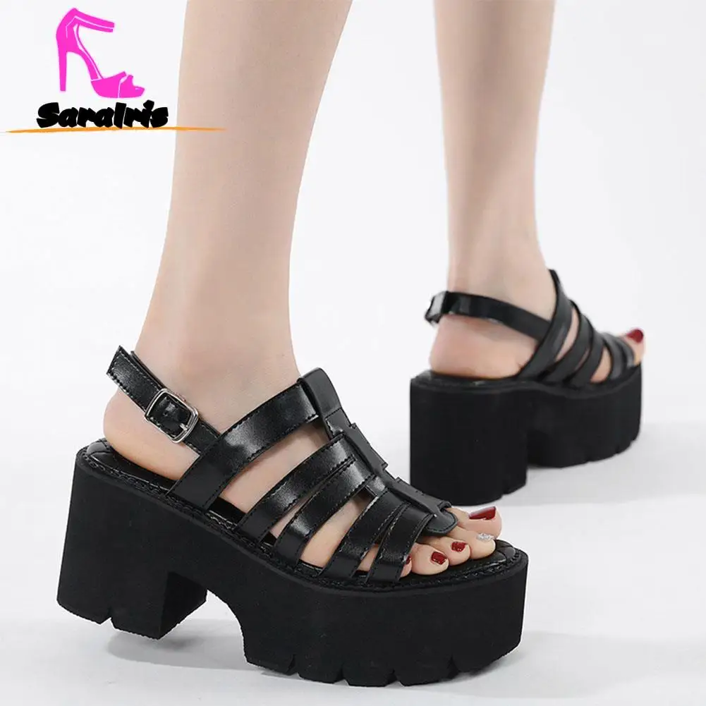 Chunky High Heeled Super Soft Bottom Sandals For Women 2023 Summer European Style Simply Casual Ankle Buckle Sandals Plus Size