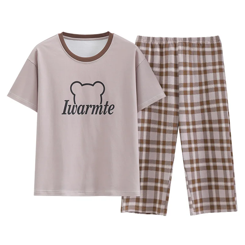2023 Pajamas Women Spring and Summer Pure Cotton Short-sleeved Cropped Pants Cartoon Cute Thin Ladies Home Suit with Round Neck