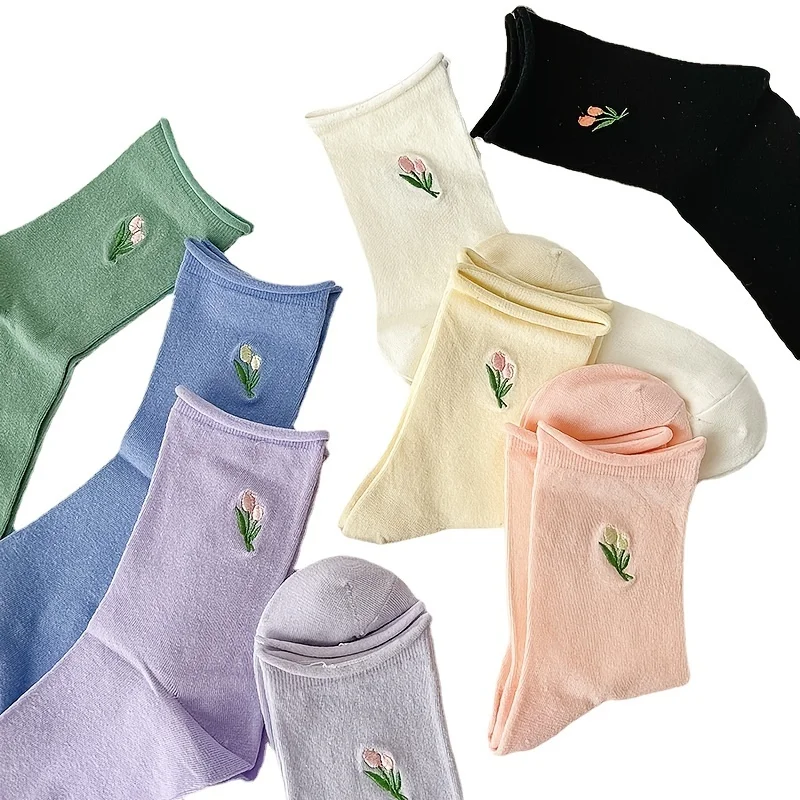 

Women's Medium Length Stockings Cute and Soft Cotton Tulip Embroidered Curly Edge Pile Socks