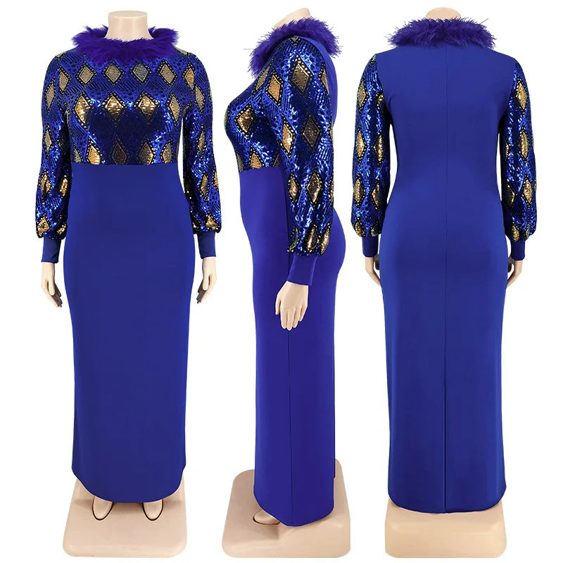 Plus Size Dresses O-Neck Long Sleeve Dresses for Women Elegant Dresses for Women Office Lady Slim Ankle-Length Pattern Splicing