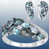 luxury aquamarine crystal jewelry set bridal wedding engagement ring earrings set mothers day gift jewelry joyas para damas