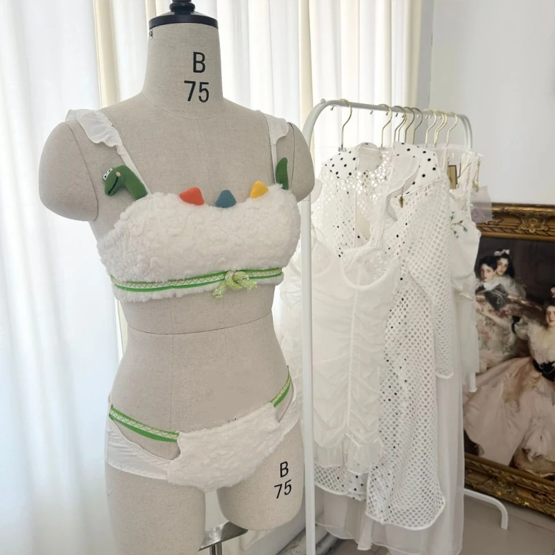 95AB женский милый маленький динозавр 2 шт. флисовый плюшевый бюстгальтер и трусики