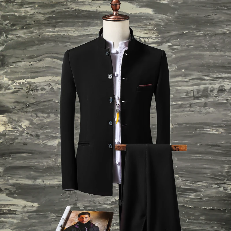 2 Pcs Set Stand Collar Blazers Jacket Pants / 2022 Fashion New Men's Casual Boutique Business Solid Color Suit Coat Trousers