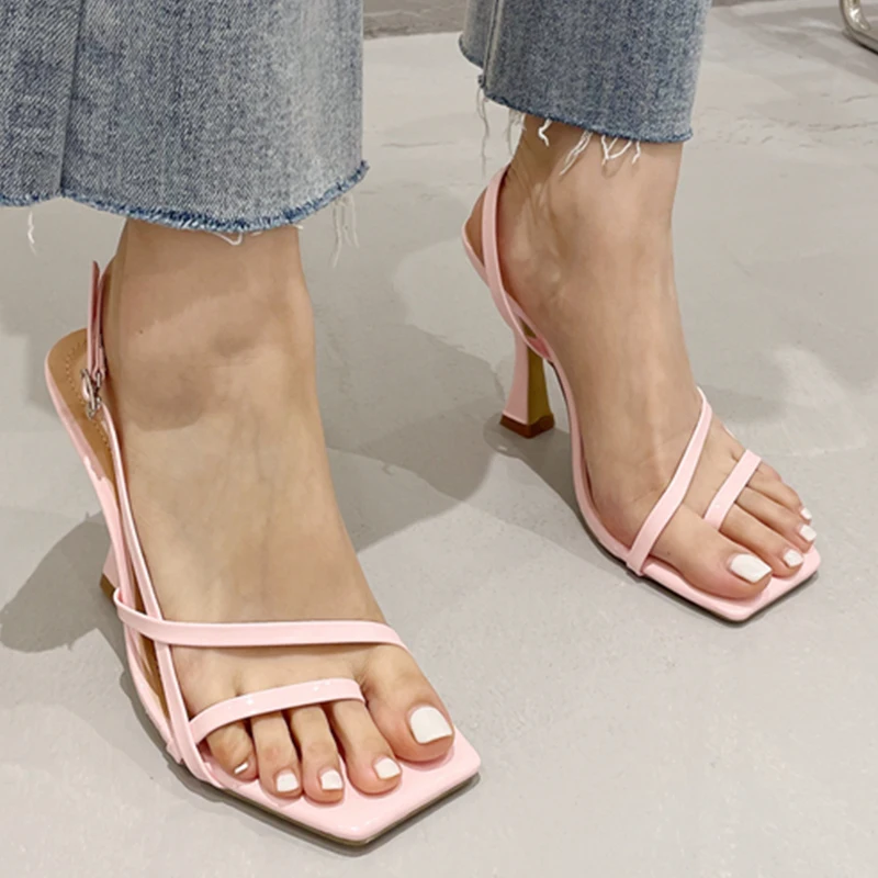 

Summer Thin Heels Pumps Sandals 2022 Plus Size Women Fashion Square Toe Casual Ladies Slides New Orange Female Slides Shoes