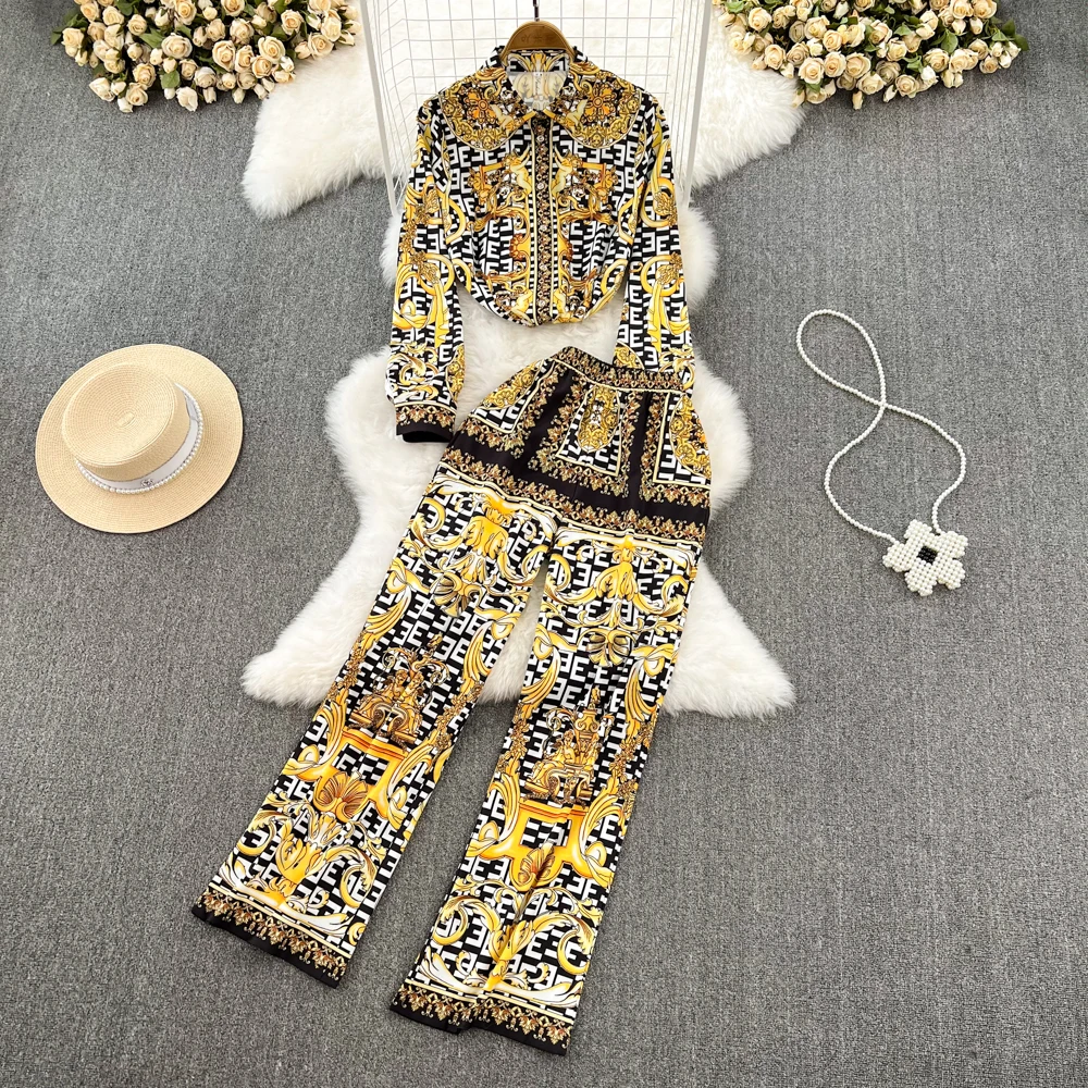 

Винтажный стиль, однобортная рубашка с длинным рукавом и принтом позиционирования и отворотом + широкие брюки с высокой талией, комплект из ...