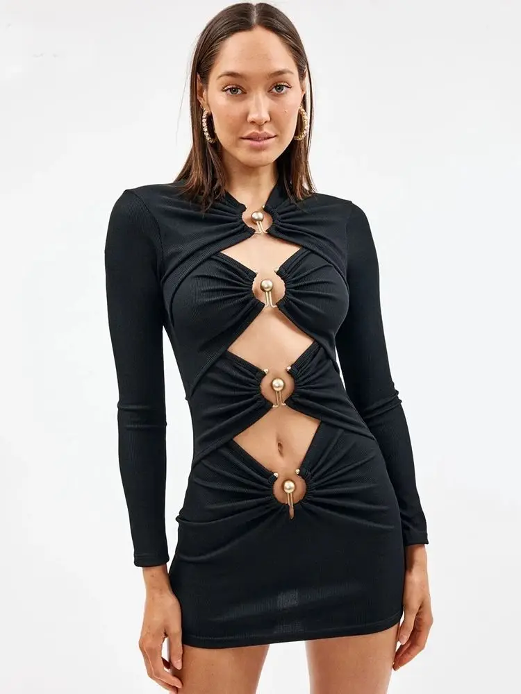 Ailigou 2022 женское однотонное мини-платье с длинным рукавом и металлическими