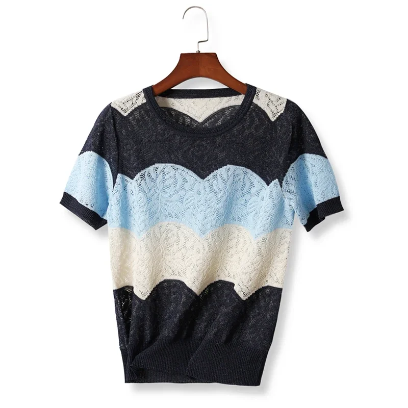 Летние топы женские блузки вязаная блузка с коротким рукавом Женский пуловер