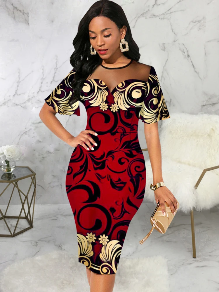 

Floral Printed Dress for Women 2023 O Neck Patchwork Mesh Short Sleeve Gowns Midi Bodycon Classy Event Guest Vintage Robe New