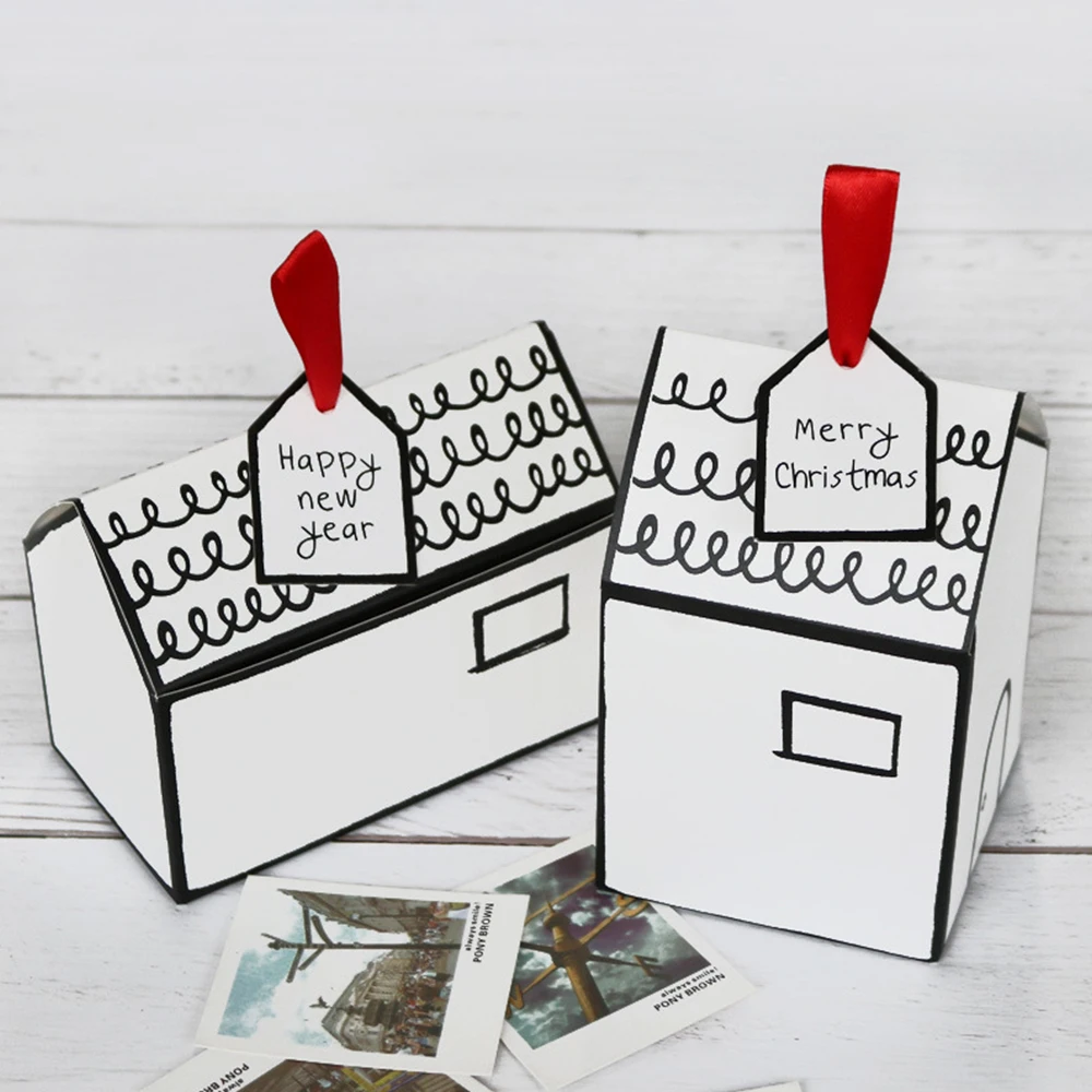 

20pcs Paper Gift Box White House Shape Gift Package Cooky Candy Box with Red Ribbon Wedding Favors Box Party Christmas Supply