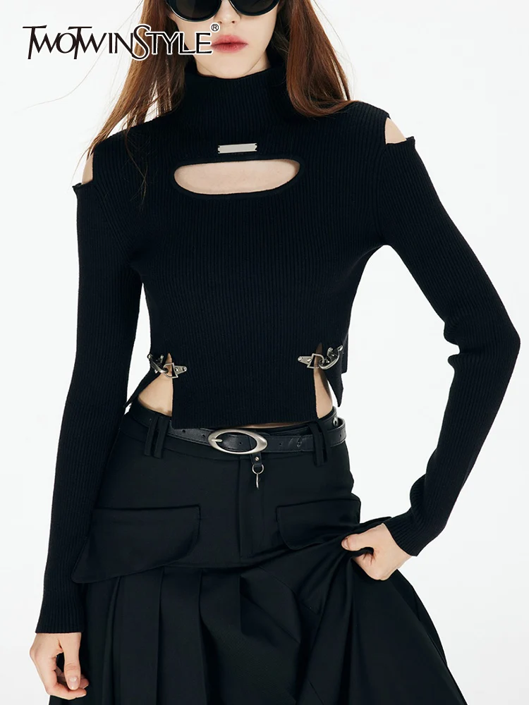 

TWOTWINSTYLE Solid Hollow Out Sexy Slimming Knitting Sweaters For Women Mock Neck Long Sleeve Cold Shoulder Sweater Female 2023