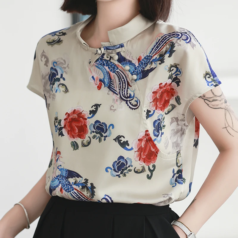 

Шелковые женские рубашки в китайском стиле, Новинка лета 2023, винтажные блузки с принтом, атласные свободные топы с круглым вырезом и коротким рукавом YCMYUNYAN