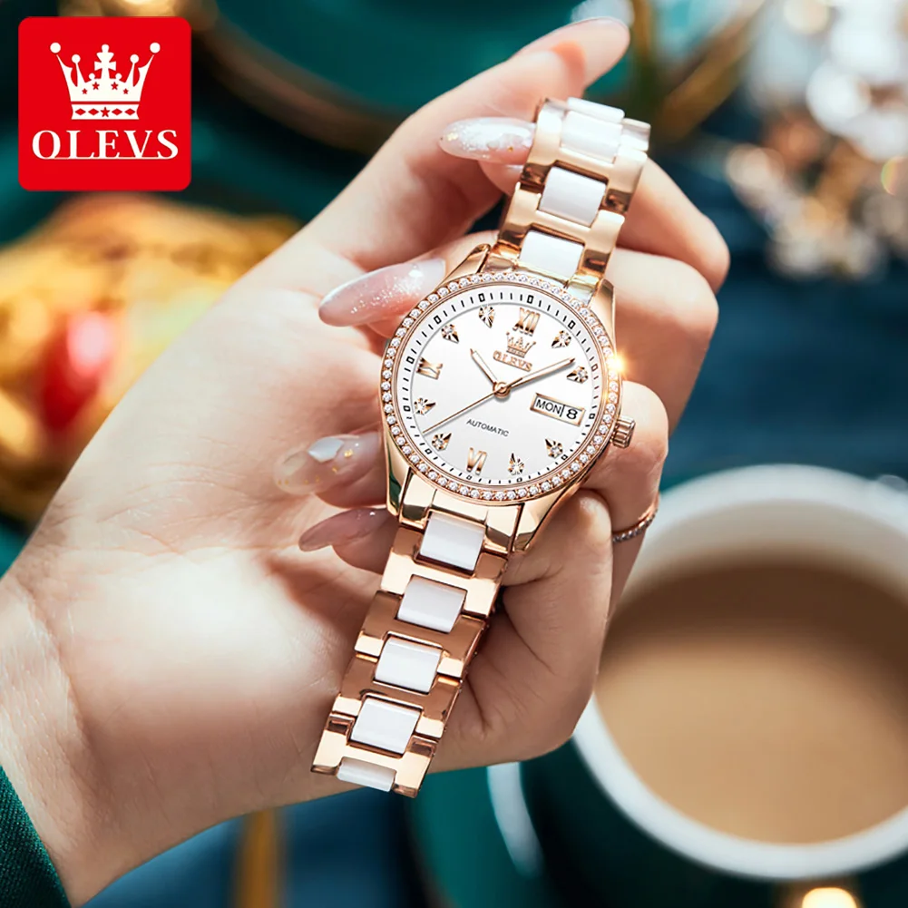 OLEVS Full-automatic High Quality Automatic Mechanical Women Wristwatches Ceramic Strap Fashion Waterproof Watch for Women enlarge