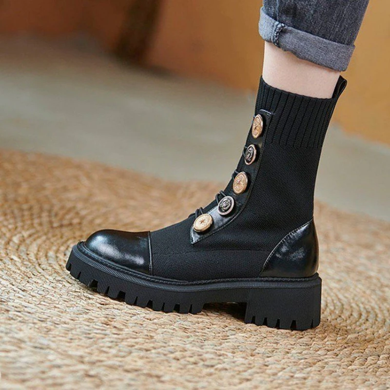 

Lisapie Женская Осенняя новая обувь, женские эластичные тканевые повседневные ботинки на платформе, сетчатые красные вязаные короткие ботинки