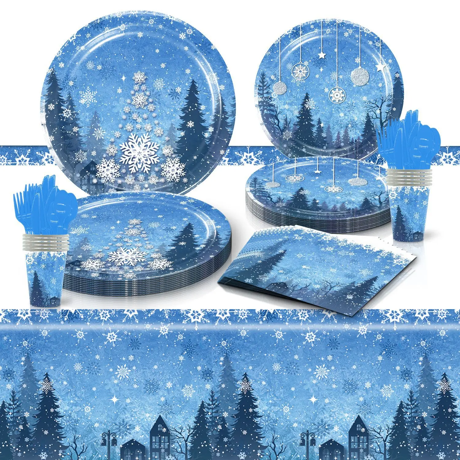 

8 Guests Party Tableware Winter Snowflake Theme Party Christmas Tree Decor Disposable Paper Tableware Event Party Happy Birthday