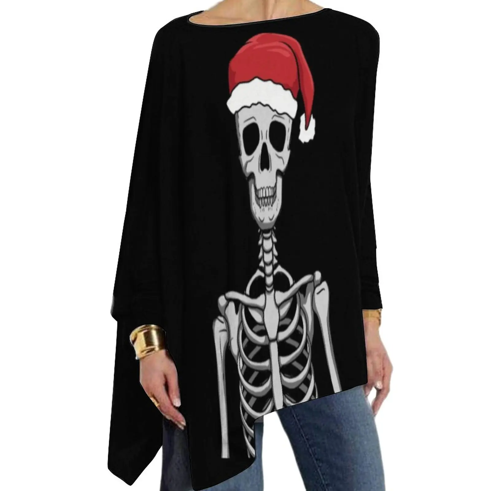 

Funny Skeleton Santa Hat T-Shirts Aesthetic Gift Christmas Gear T-Shirt Woman Long Sleeve Street Wear Tops Oversized Print Tees