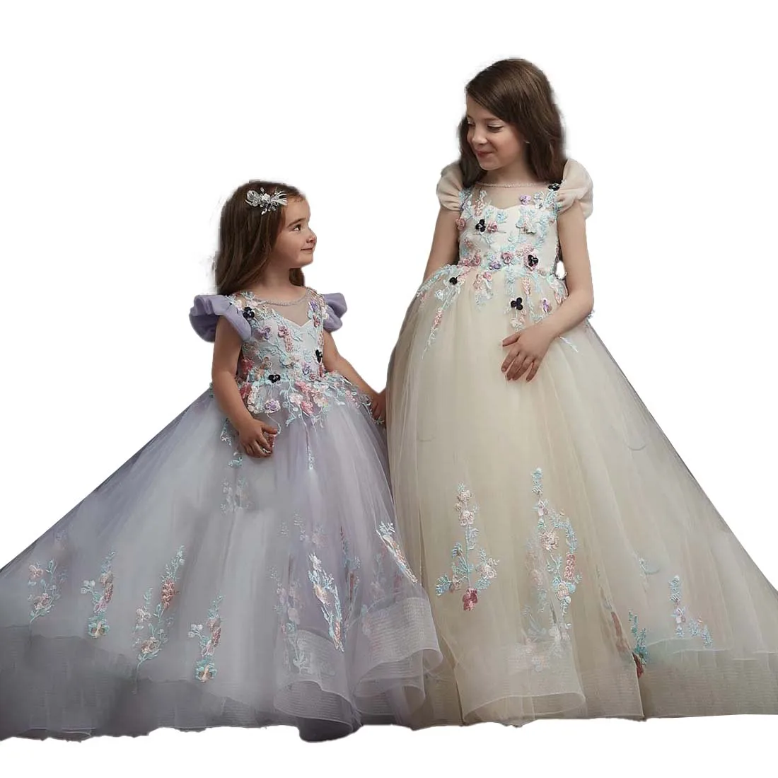 

YZYmanualroom Цветочное платье для девочки свадебное платье подружки невесты Тюлевая Вышивка Пышное Платье для конкурса платье для выпускного вечера со шлейфом