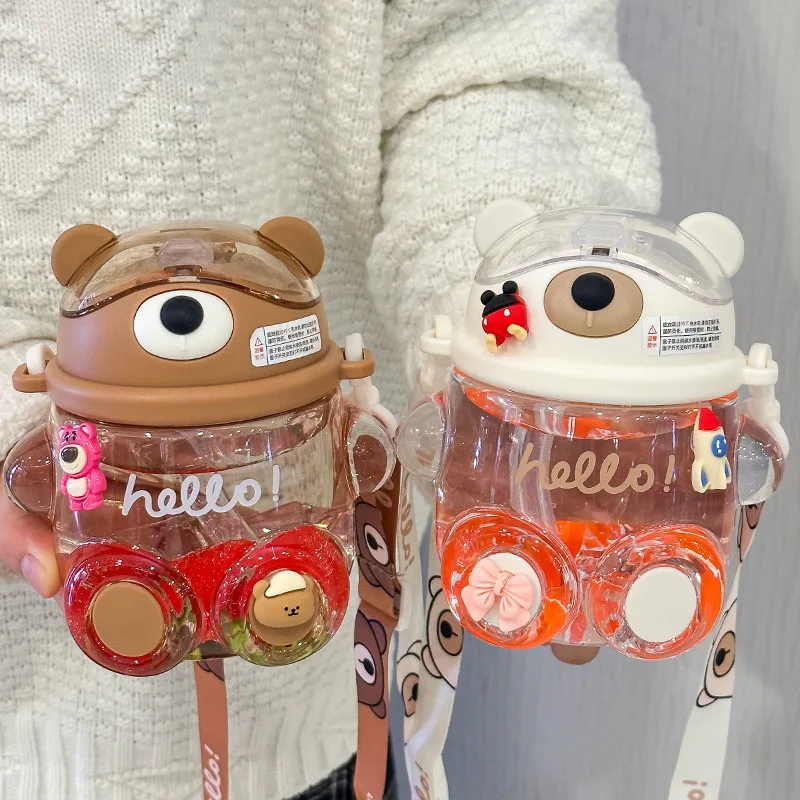 

Bear Girl with Straw Children's Water Cup Portable Creative Large-capacity Sports Water Bottle Plastic Cup Water Bottle
