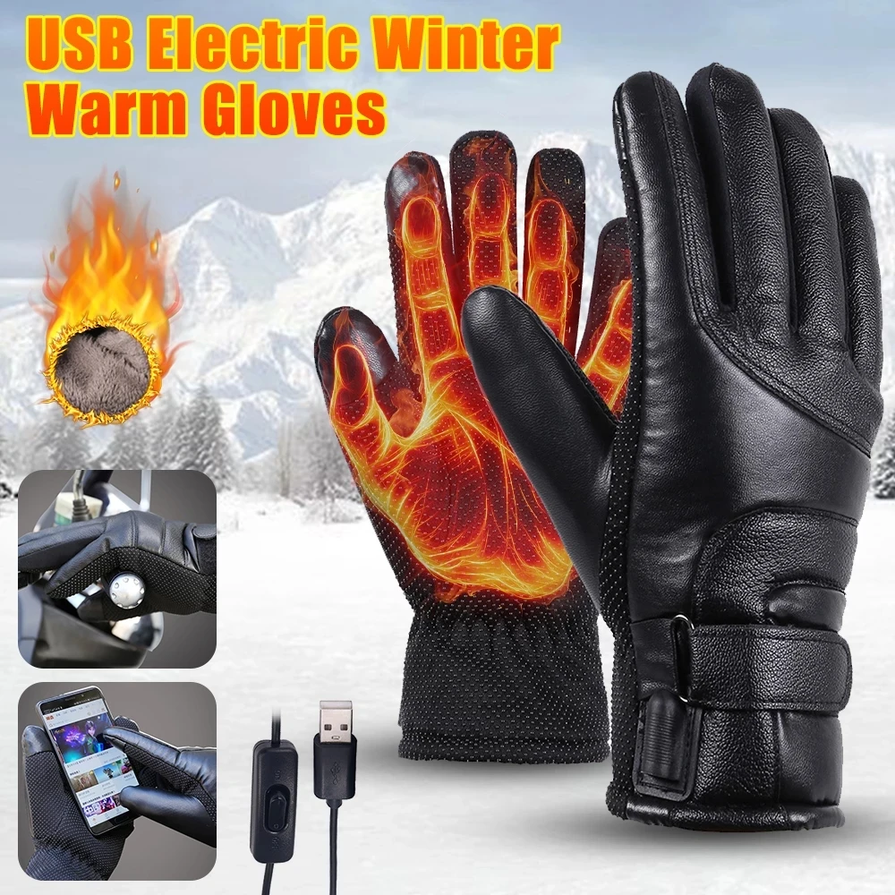 USB Heated Gloves Full Finger Mittens Touch Screen Windproof Cycling Motorcycle Gloves Winter Warm Ski Thermal Gloves
