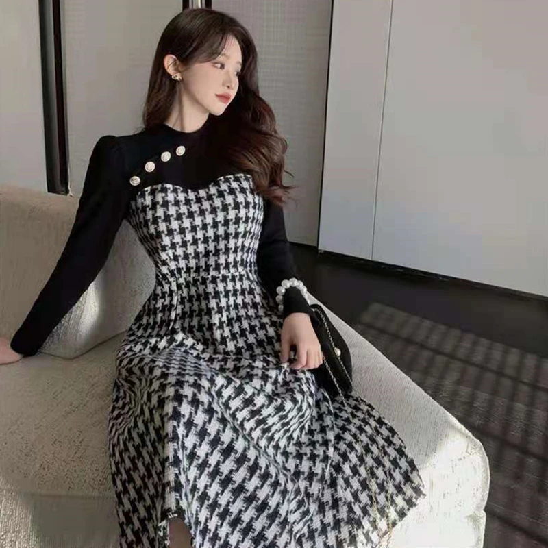 Осенне-зимнее женское винтажное клетчатое платье в Корейском стиле Элегантные