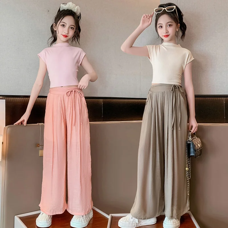

Girls' Summer Clothing Suit Short Sleeves Long Pants Two Pieces 2023 Korean Style 4-16years Children's and Teen Outdoor Clothing