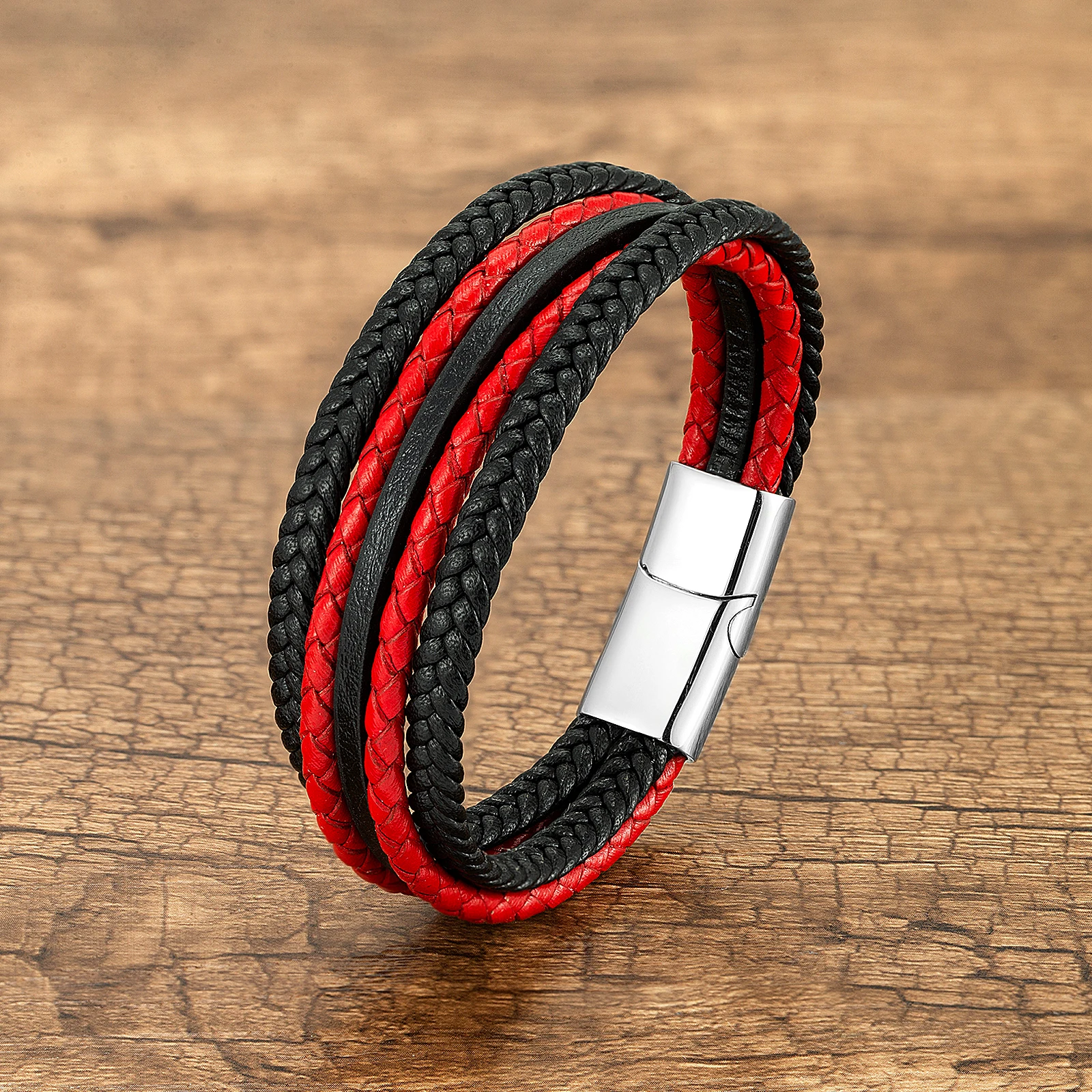 

Black Red Multilayer Hand-Woven Leather Wrap Bracelets Vintage Style Charm Men's Bracelets & Bangles Male Gift Wristband Jewelry