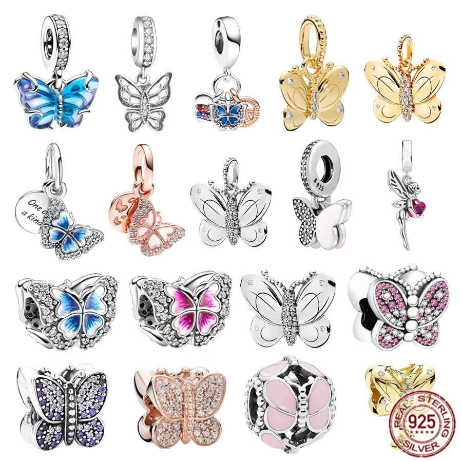 

Blue Gold Pink Exquisite Charming Butterfly Pendant Charm Bead Fit Original Pandora Bracelet New 925 Sterling Silver DIY Jewelry