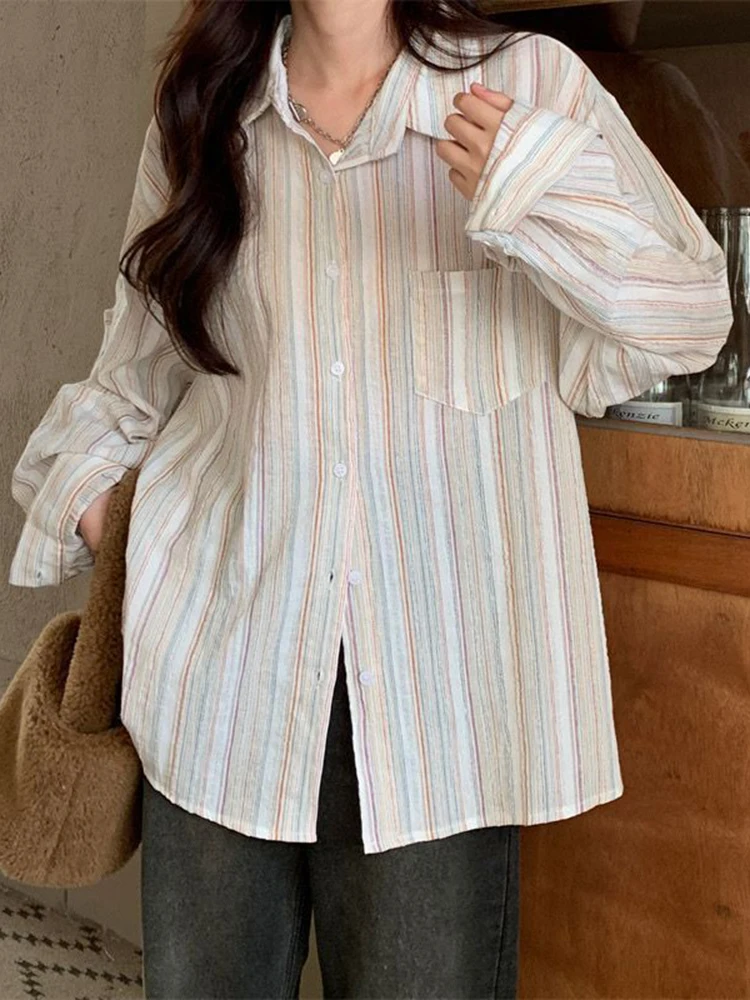 

Zoki Cotton Linen Women Sweet Striped Shirt Korean Loose Long Sleeve Blouse Vintage Lazy Wind Oversize Top Elegant Preppy Style