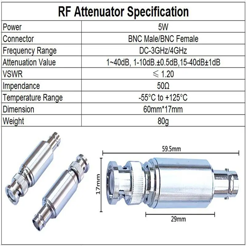 5 Вт BNC RF-аттенюатор DC-3 ГГц/4 ГГц 1/2/3/5/6/10/15/20/30 дБ/40 дБ/50 дБ RF коаксиальный разъем