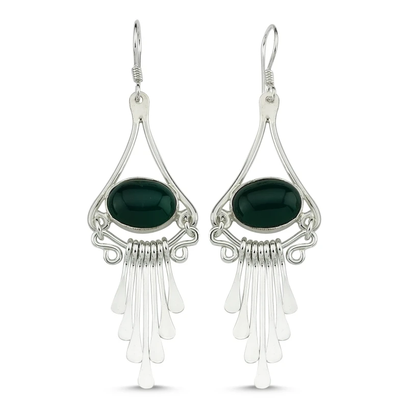 

Silver 925 Sterling Green Agate Gemstone Dangle Hand Handwork Earrings