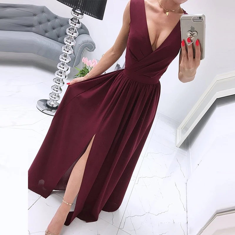

Summer Deep V-Neck Sleeveless Beach Dress Elegant Women Chiffon Split Maxi Party Dress Vintage Floral Print Long Dresses Vestido