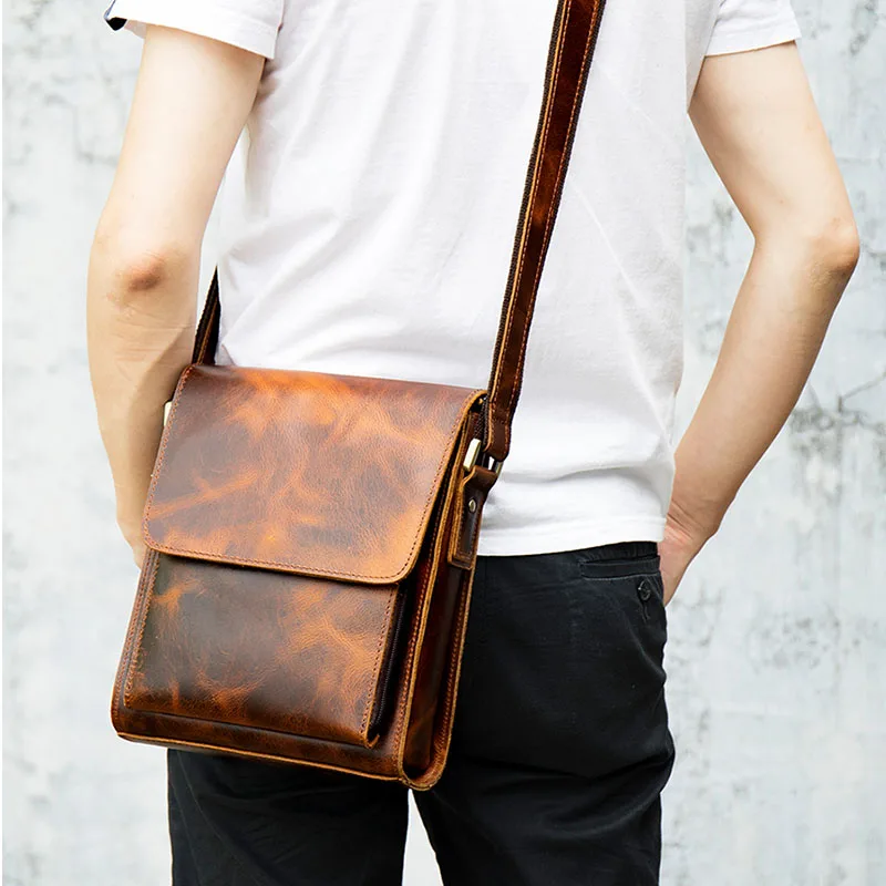 

Leather Shoulder Male Casual Small Bag Cowhide Men Briefcase Bag Zip Horse Luufan Crossbody Crazy Around Leather Bag Cow Vintage
