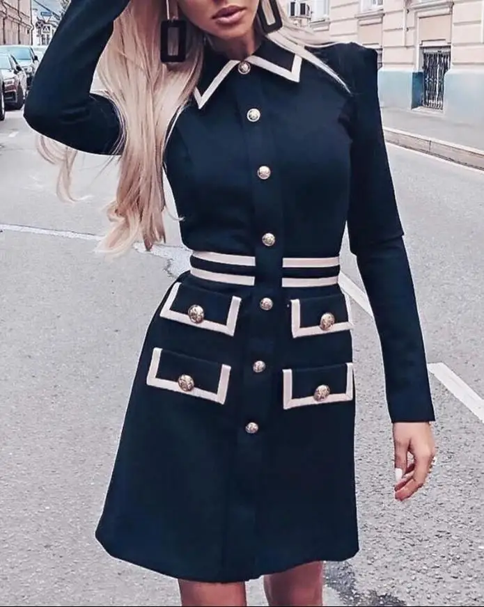 

Women's Lapel Button Pocket Design Suit Dress Elegant Office Women's Solid Autumn Dress Women's Dress