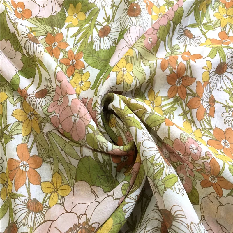1 meter 65% Mulberry Silk 35% Cotton 12 momme georgette Fabric Floral Printed 137cm 54" wide by the yard JJ007