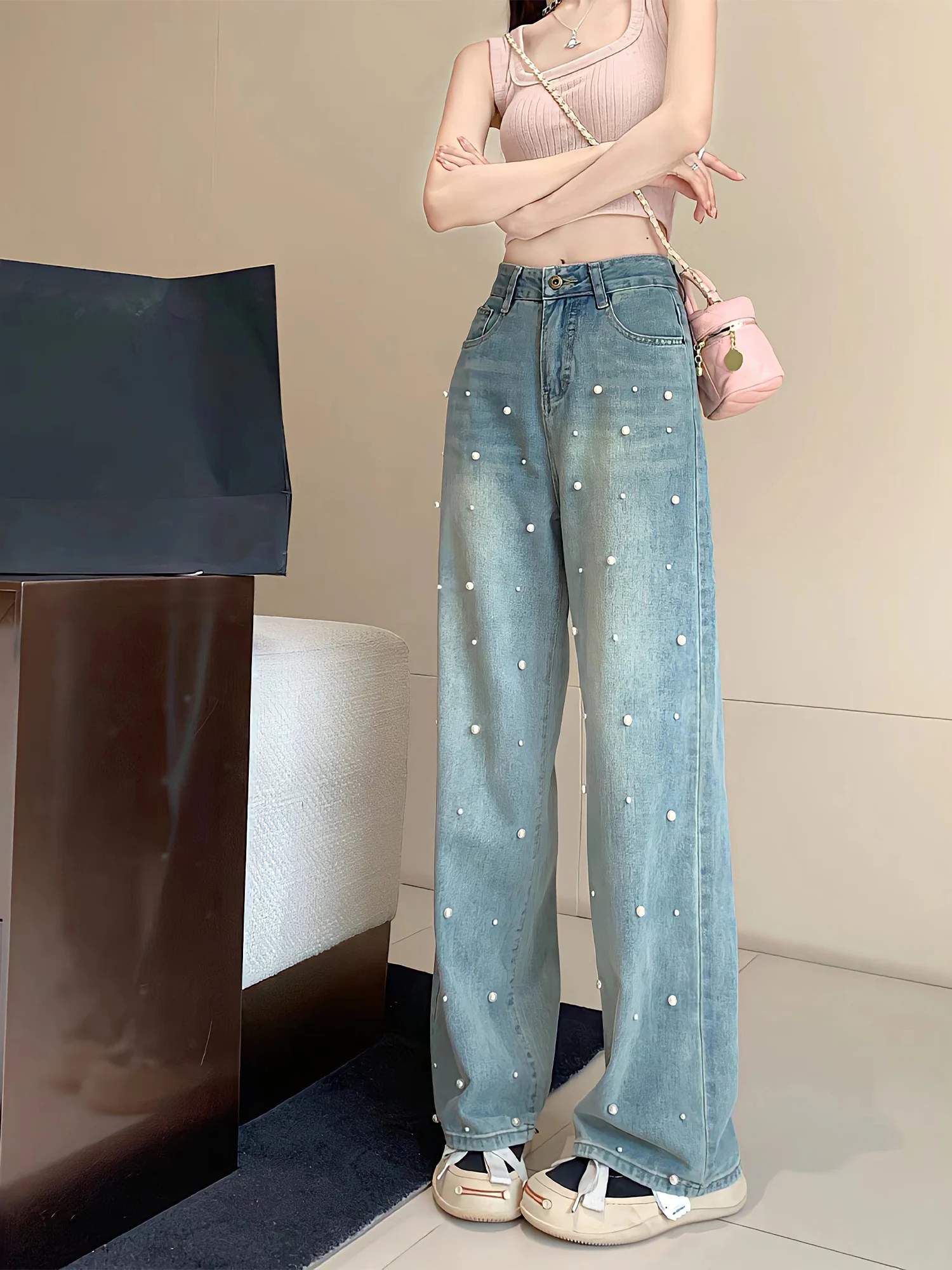 Jeans Women 2023New Design Sense Pearl Loose Casual Jeans Fashion Chic Women'S Long Trousers Retro Washed Wide Leg Mopping Pants