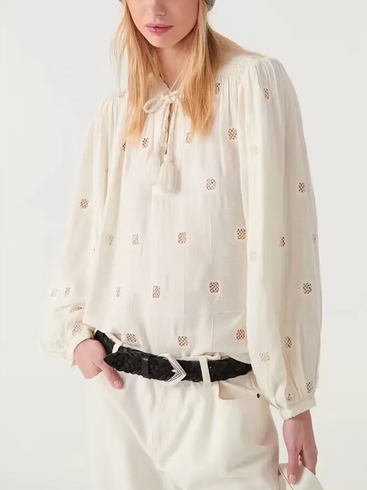 

Block Hollow Out Design Blouse Women Tassel Lace-up Long Lantern Sleeve V-neck Loose Female White or Black Shirt 2023 Autumn