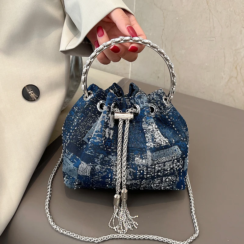 Fashion Tassel Handbag Bucket Bag Chain Shoulder Crossbody Bag Round Ring Design Hand Bag for Women 2022 New Denim Clutch