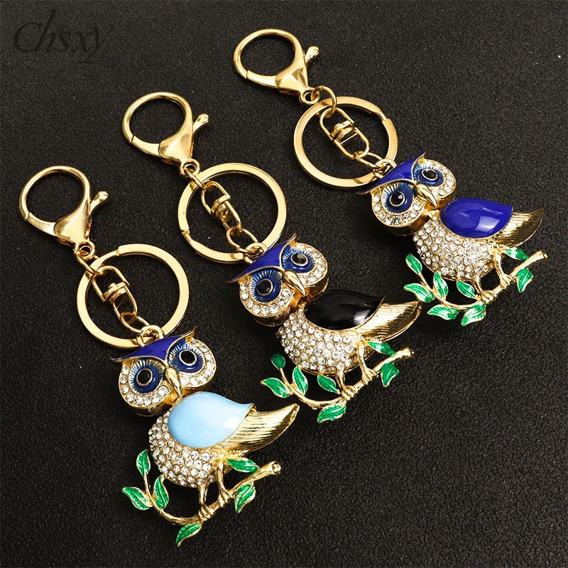 

Creative Leaves Branches Owl Keychain Crystal Rhinestones Luxury Alloy Pendant Keyring Hook Key Bag Accessories Jewelry Gifts