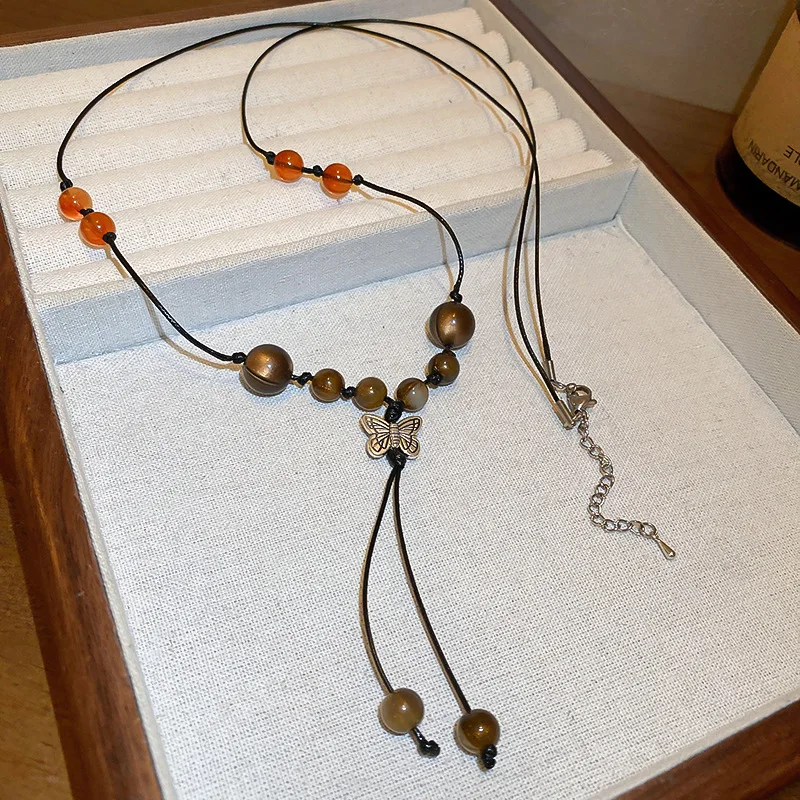 

Minar Bohemia Colorful Round Beads Butterfly Long Pendant Necklaces Black Color Rope Chain Necklace for Women Beach Jewelry