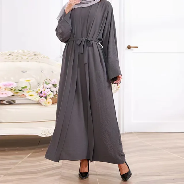Ramadan Robe Casual Solid Sleeveless Inner Dress with Belt and Long Cardigan Robe Muslim Sets Islamic Clothing Prayer Dress Set 2