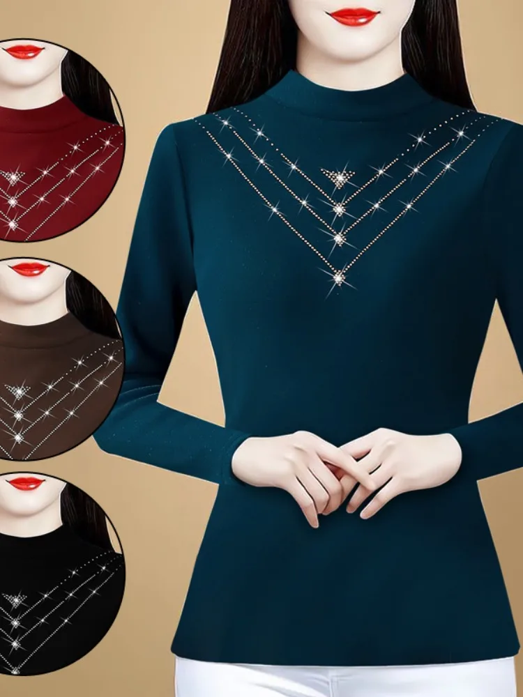 Ankela Red Hot Drilling Slim fit Женская нижняя рубашка Dralon 2024 новая осенняя с утолщенным низом