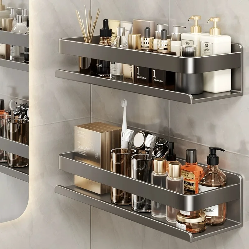 

Bathroom Shelf No Drill Shampoo Storage Shower Rack Wall Mounted Makeup Organizer Stainless Steel Toilet Storage Rack