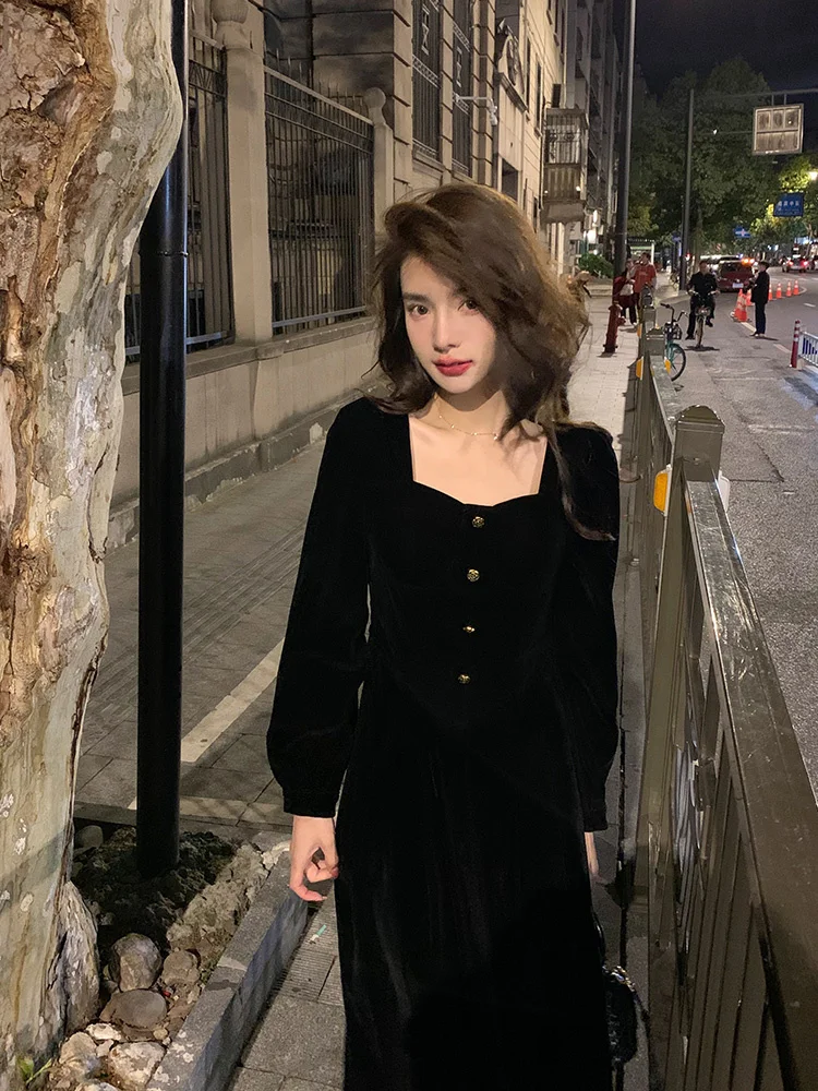 French Golden Velvet Black Dress Women's Autumn Style Celebrity Dresses Slim with Little black dress