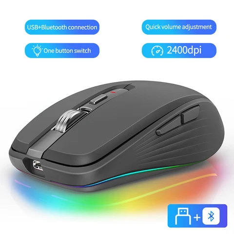 Двухрежимная перезаряжаемая Bluetooth 2,4G беспроводная мышь RGB Mute мышь для Windows Mac IOS Android ноутбук планшет телефон ПК