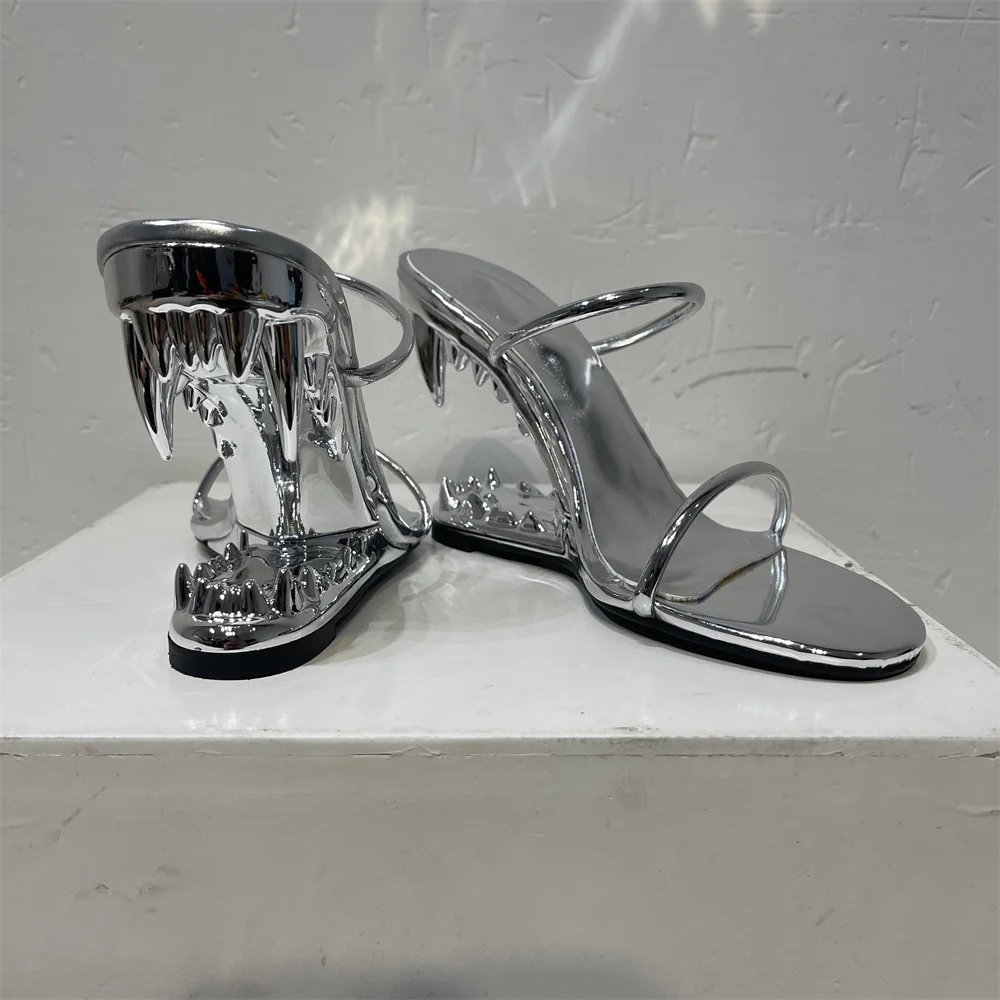 Summer Women Wedges Heel Sandal Patent Leather  Lady Strange Style Clubwear Party Sandals  Gold Silver 43