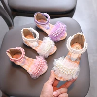childrens girls sandals for girl 2022 summer new little girls roman princess shoes lace pearl belt girls party shoes open toe