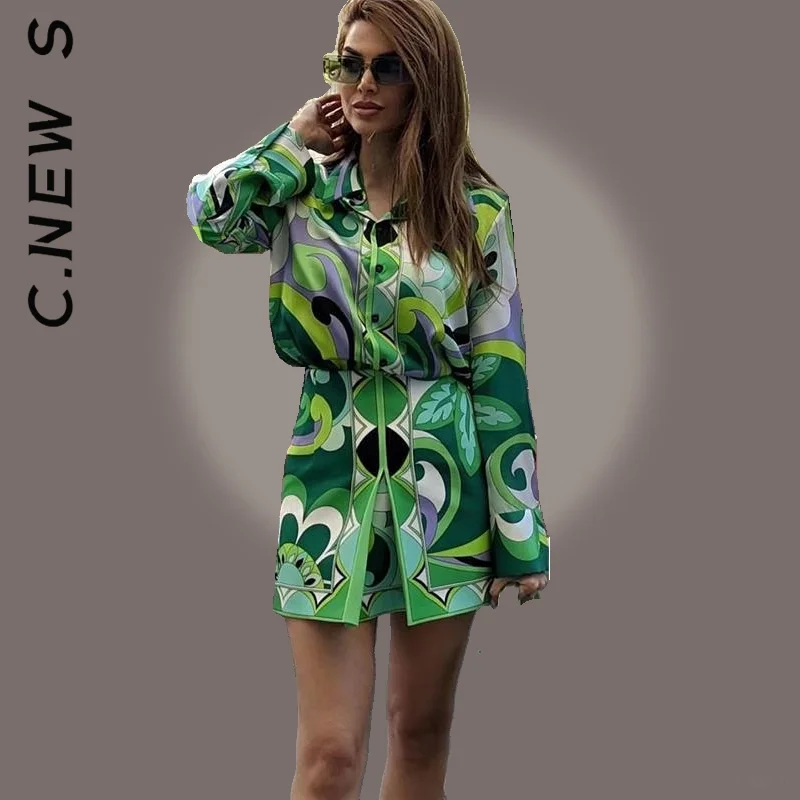 

C.New S Women Set New Print Blouses+Skirts Set High Waist Lady 2 Piece Set Simple Slim Tracksuit Loose Female Women's Tracksuit