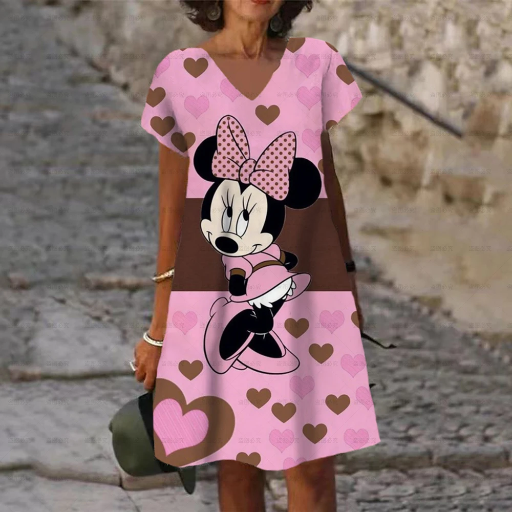 Women's Summer Fashion Dress Loose Dresses Knee Length Short Sleeve Disney Mickey Mouse Print V Neck Stylish Casual Sundress images - 6