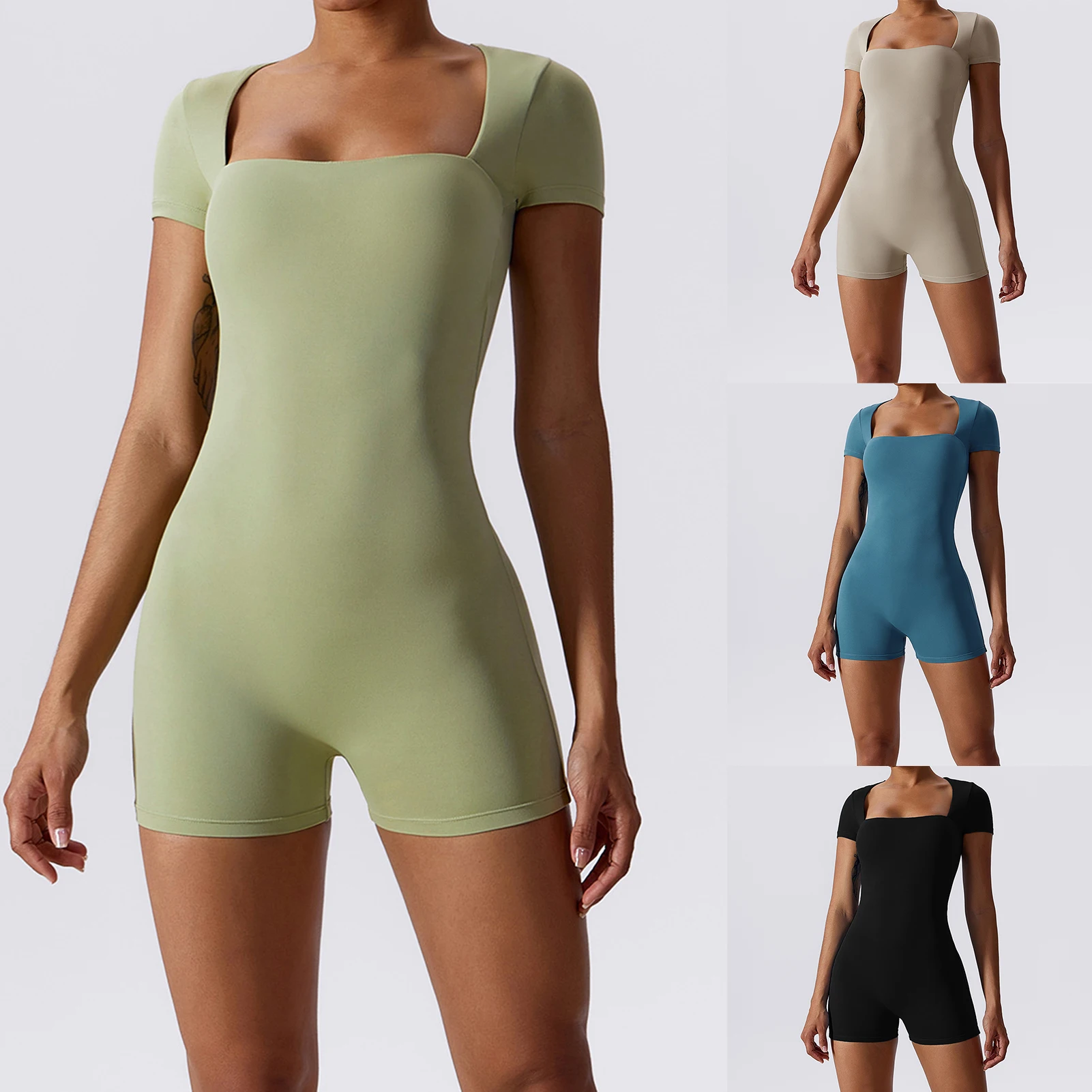 

2023 Women's Sexy Solid Short Sleeve Crew Neck High Waist Bodycon Jumpsuit Short Onesies Rompers Yoga Workout Gym Jumpsuits