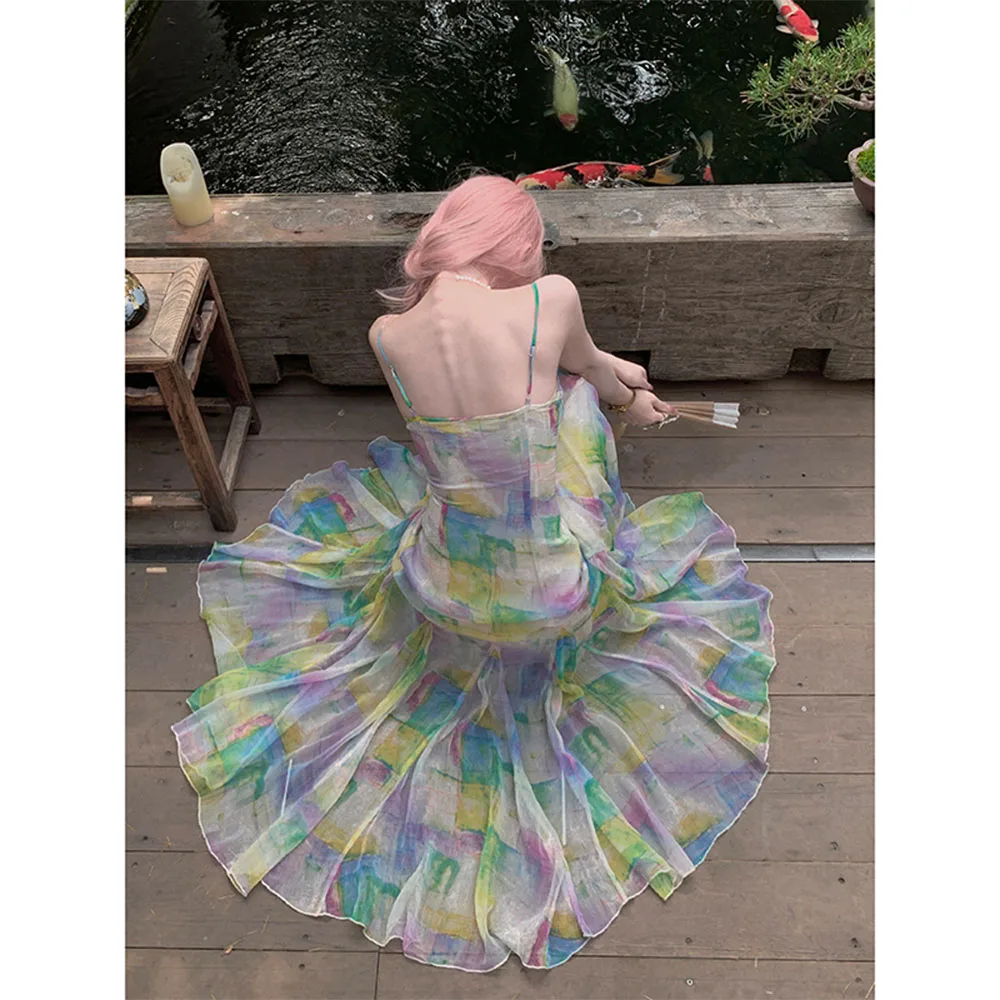 

Sexy Spaghetti Strap Chiffon Mermaid Dress Women Summer Fashion Tie-Dye Sleeveless Slim Long Vestidos Big Swing Beach Frocks