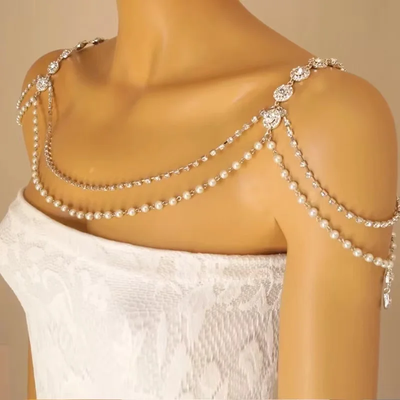 

Bridal Shawl Fringed Shoulder Ornament Crystal Rhinestone Shoulder Chain Jewelry With Multiple Layers Pearl Body Chain